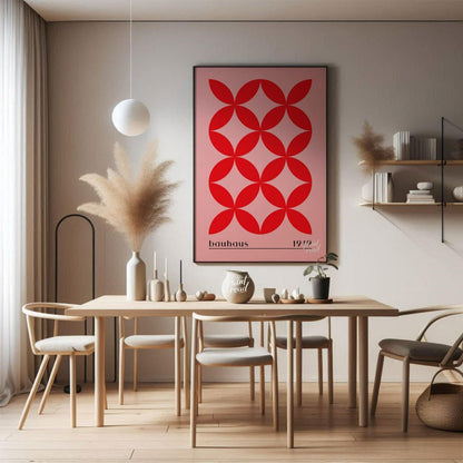 This Bauhaus-inspired print features a striking repeating pattern of interconnected red petal-like … for dining room