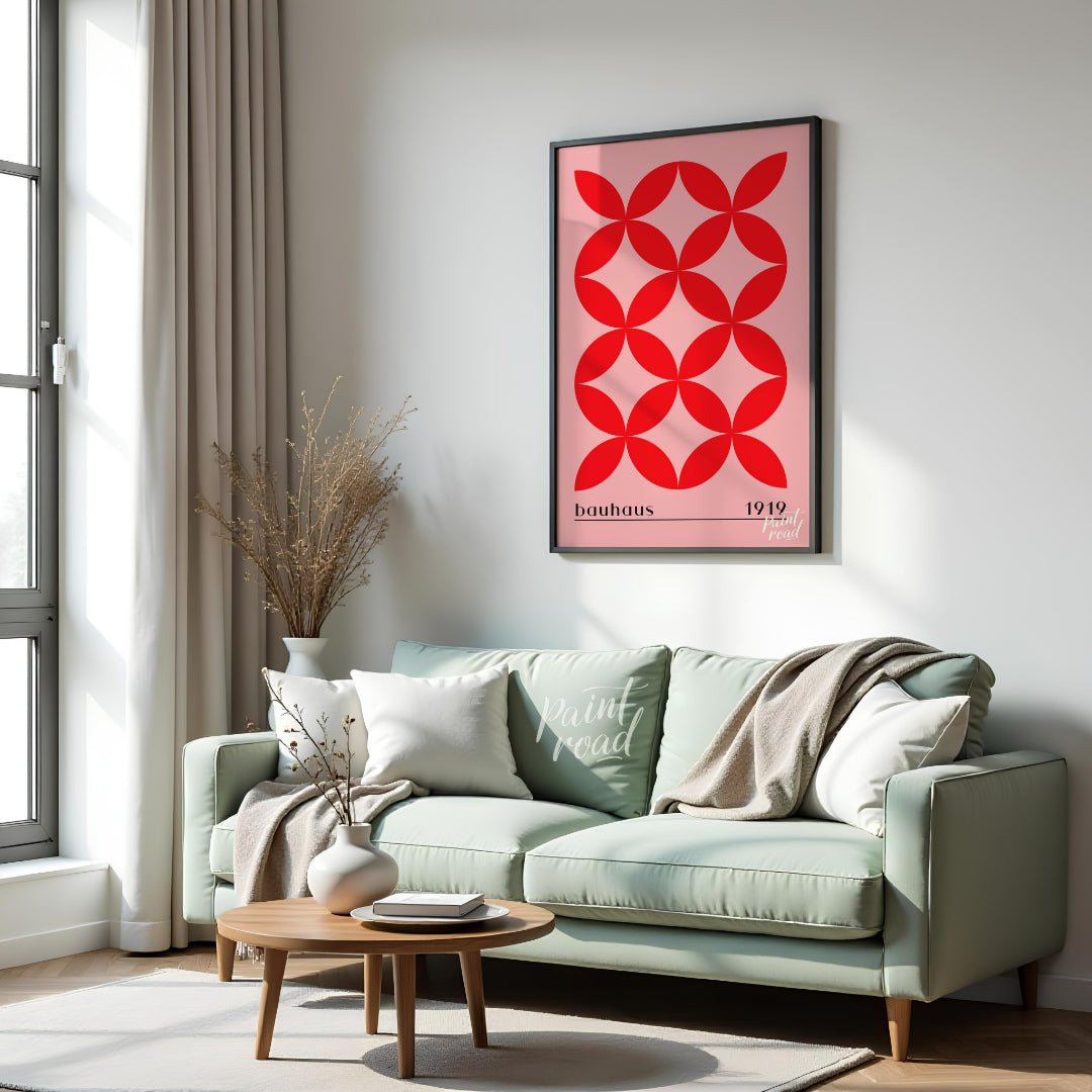 This Bauhaus-inspired print features a striking repeating pattern of interconnected red petal-like … for living room