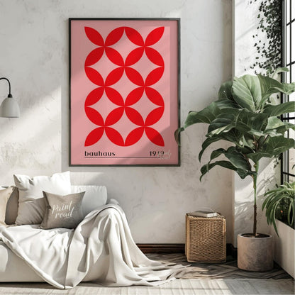 This Bauhaus-inspired print features a striking repeating pattern of interconnected red petal-like … for living room