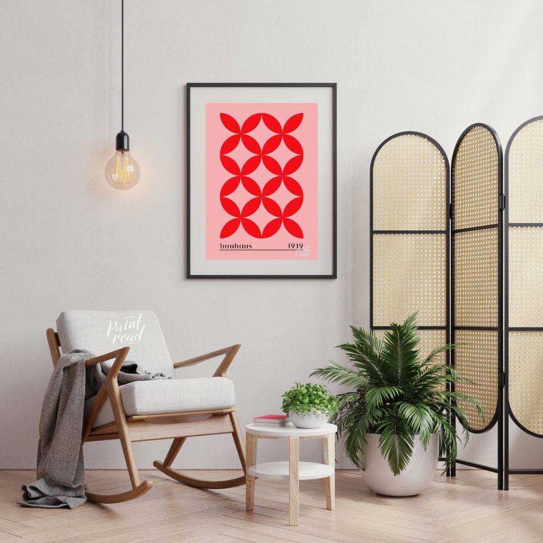 This Bauhaus-inspired print features a striking repeating pattern of interconnected red petal-like … for living room