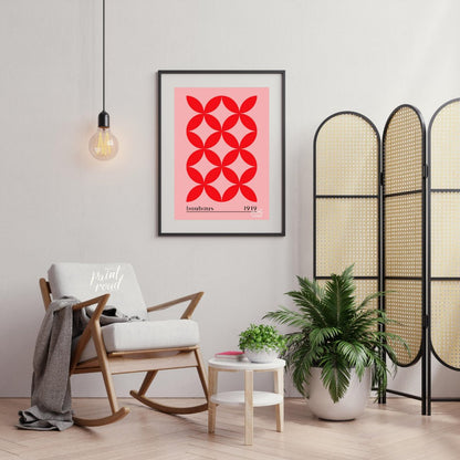 This Bauhaus-inspired print features a striking repeating pattern of interconnected red petal-like … for living room