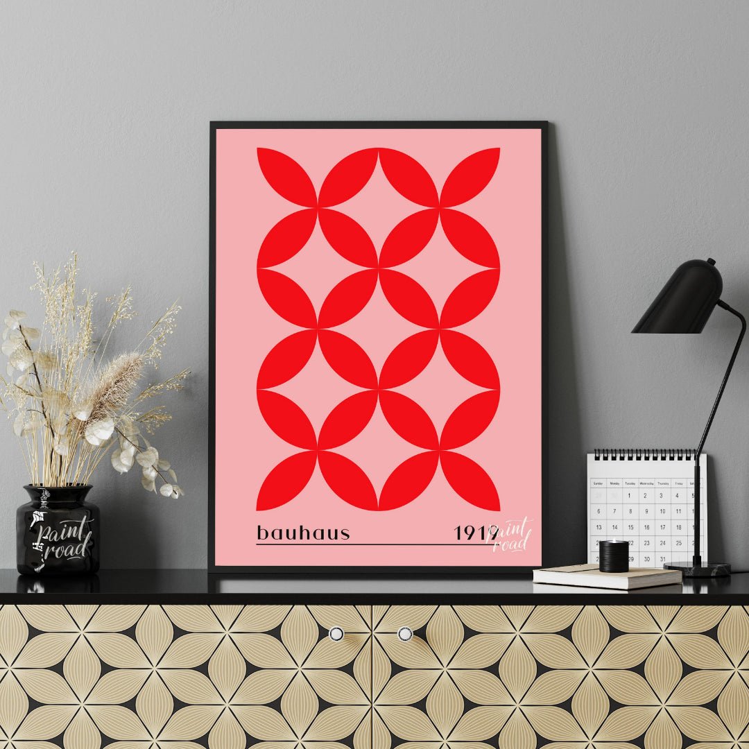 This Bauhaus-inspired print features a striking repeating pattern of interconnected red petal-like … for office