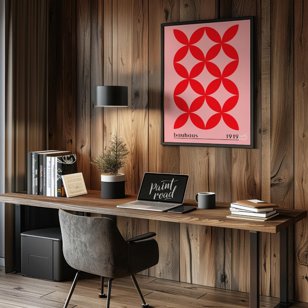 This Bauhaus-inspired print features a striking repeating pattern of interconnected red petal-like … for office