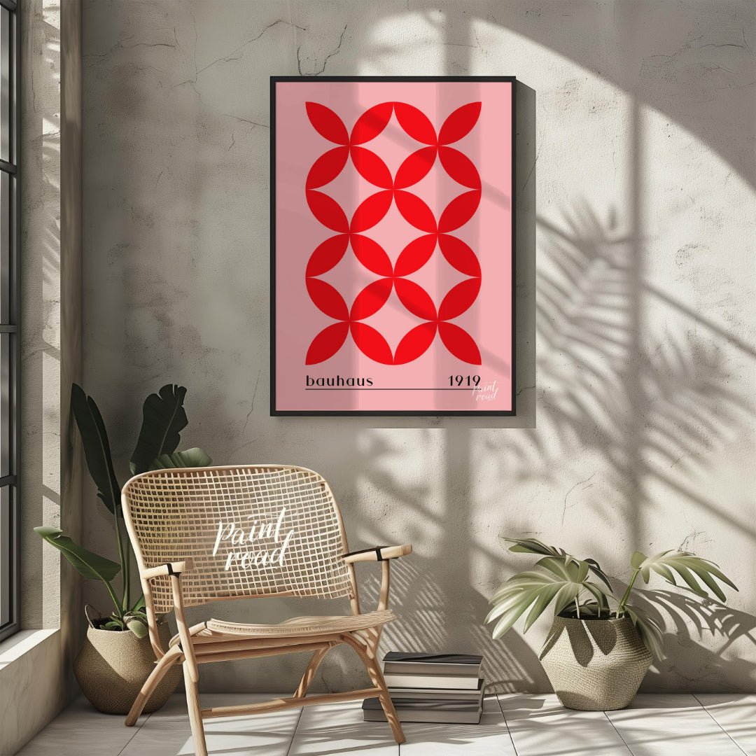 This Bauhaus-inspired print features a striking repeating pattern of interconnected red petal-like … for other