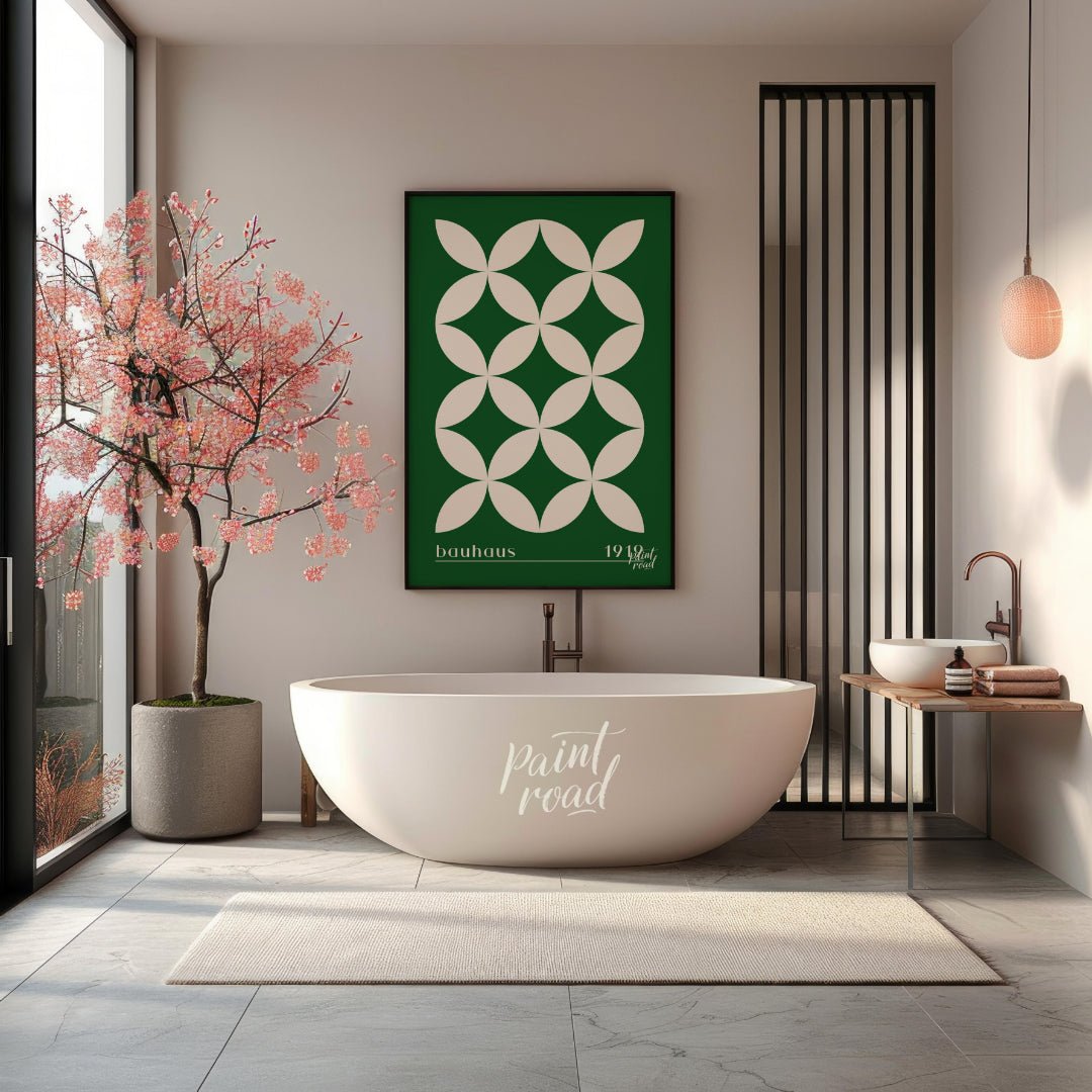 This striking Bauhaus-inspired poster features a continuous grid pattern of elegant green petal-lik… for bathroom