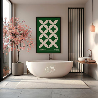 This striking Bauhaus-inspired poster features a continuous grid pattern of elegant green petal-lik… for bathroom