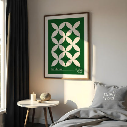 This striking Bauhaus-inspired poster features a continuous grid pattern of elegant green petal-lik… for bedroom
