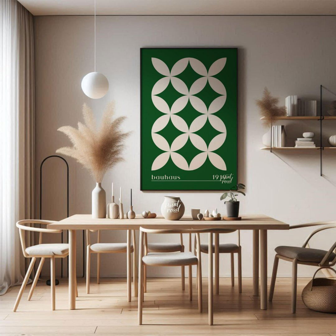 This striking Bauhaus-inspired poster features a continuous grid pattern of elegant green petal-lik… for dining room