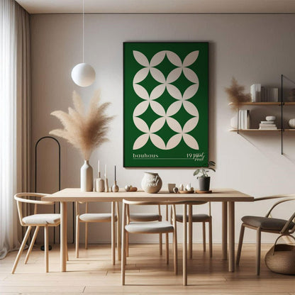 This striking Bauhaus-inspired poster features a continuous grid pattern of elegant green petal-lik… for dining room