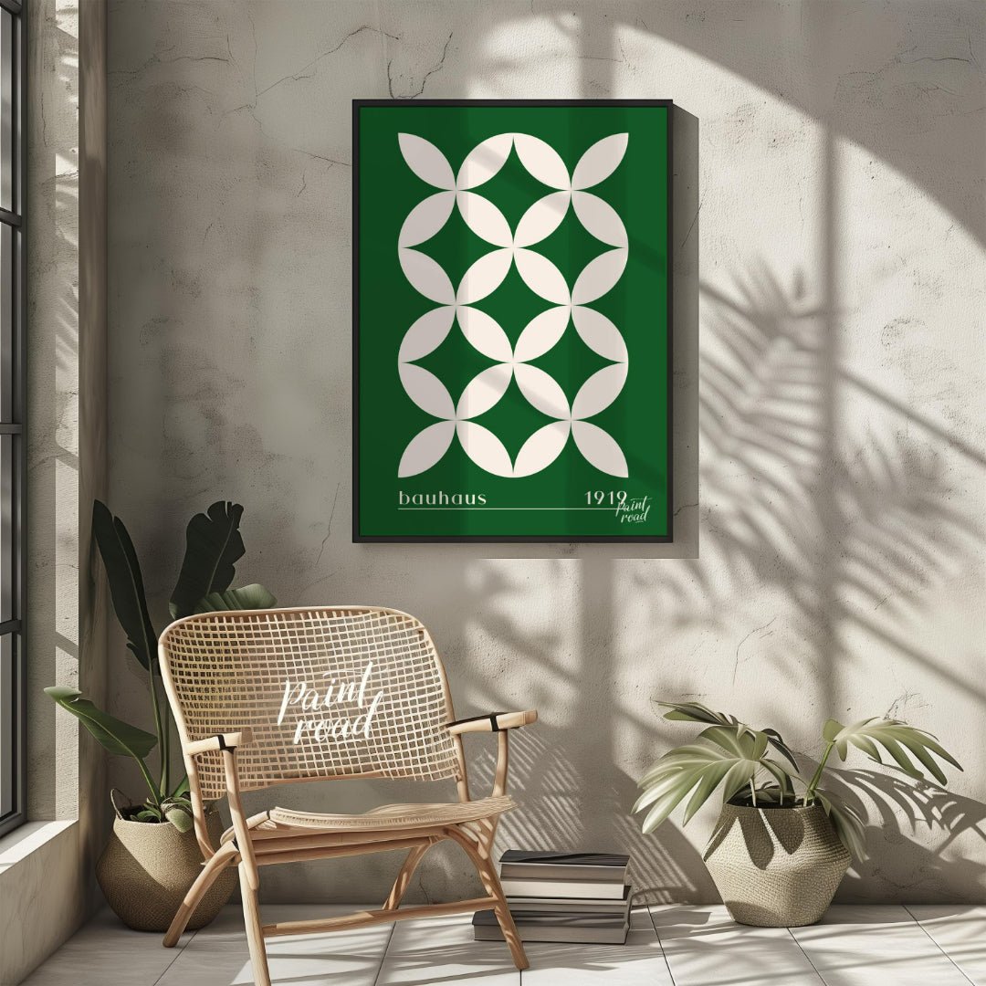 This striking Bauhaus-inspired poster features a continuous grid pattern of elegant green petal-lik… for living room