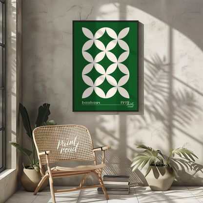 This striking Bauhaus-inspired poster features a continuous grid pattern of elegant green petal-lik… for living room