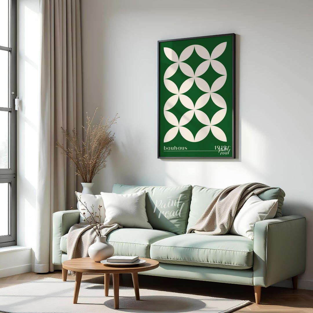 This striking Bauhaus-inspired poster features a continuous grid pattern of elegant green petal-lik… for living room