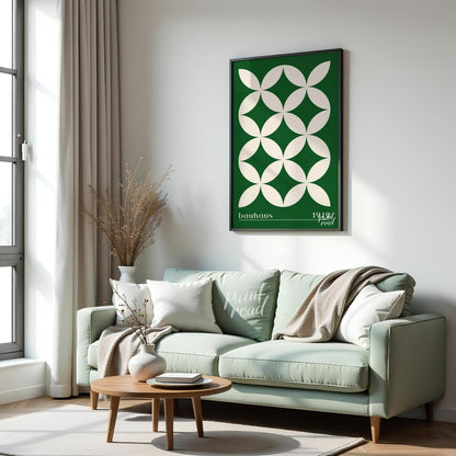 This striking Bauhaus-inspired poster features a continuous grid pattern of elegant green petal-lik… for living room