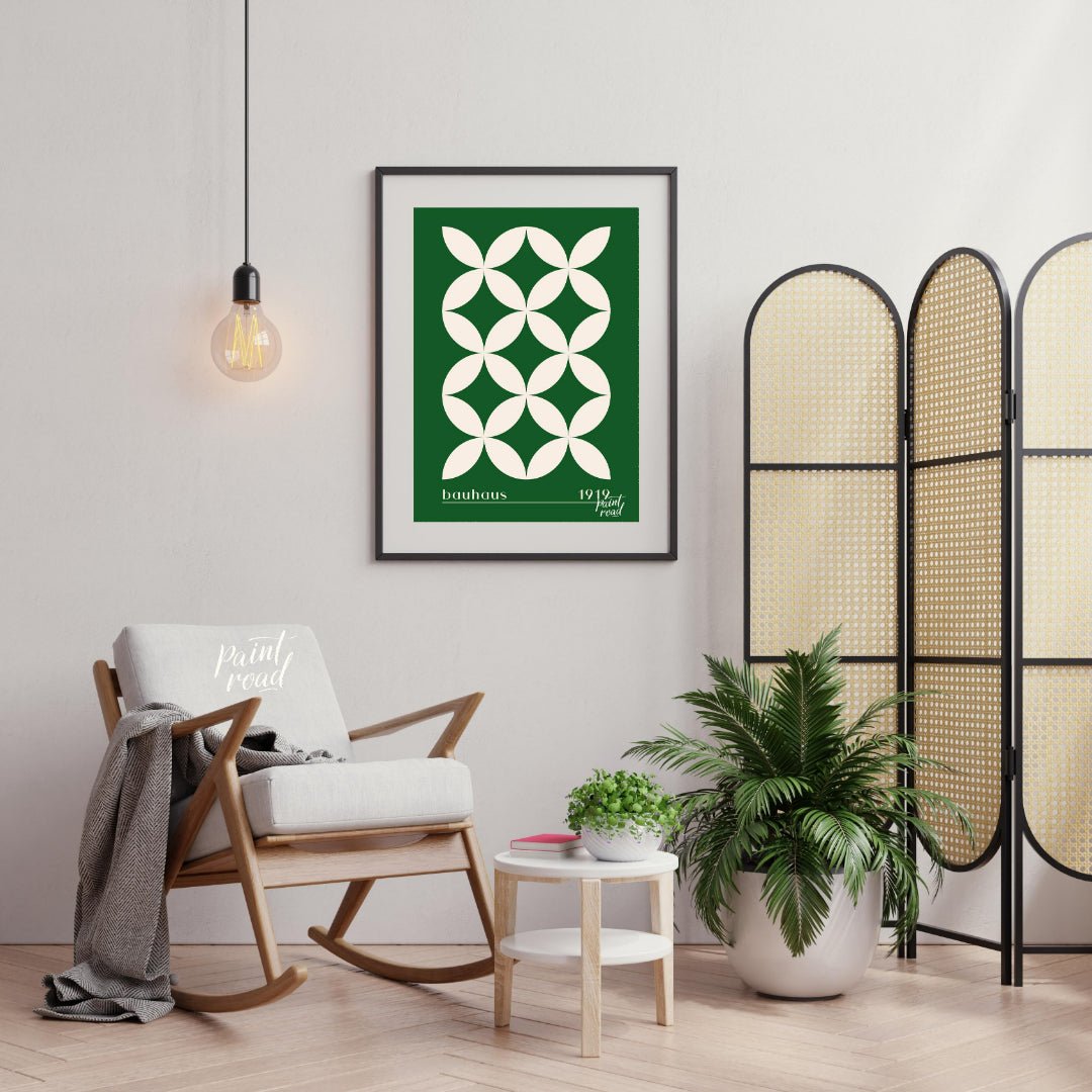 This striking Bauhaus-inspired poster features a continuous grid pattern of elegant green petal-lik… for living room