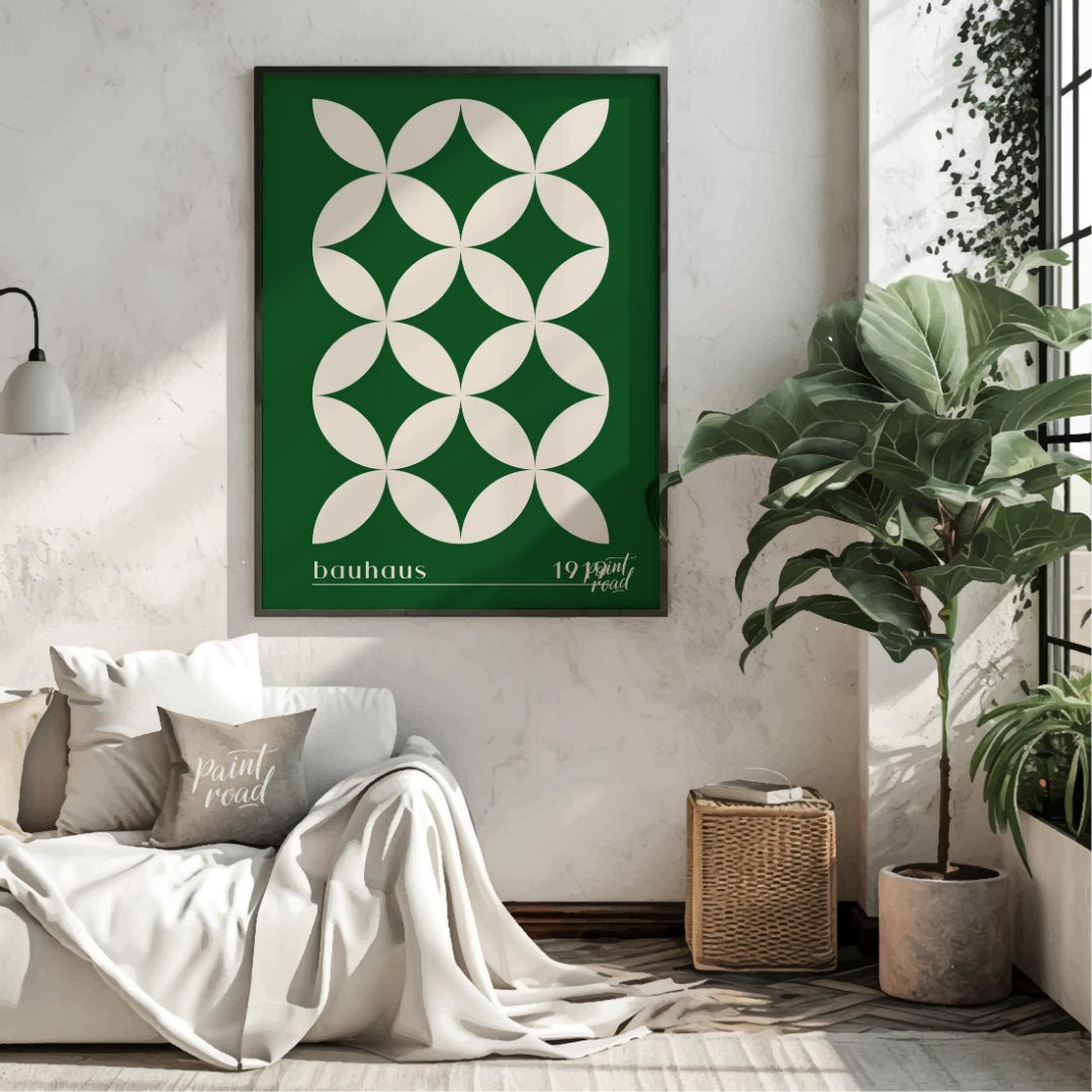 This striking Bauhaus-inspired poster features a continuous grid pattern of elegant green petal-lik… for living room