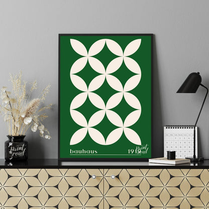 This striking Bauhaus-inspired poster features a continuous grid pattern of elegant green petal-lik… for office