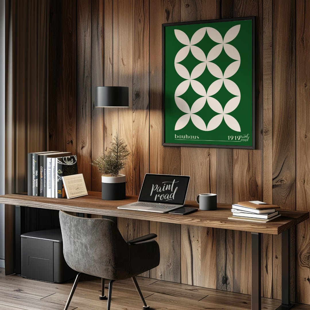 This striking Bauhaus-inspired poster features a continuous grid pattern of elegant green petal-lik… for office