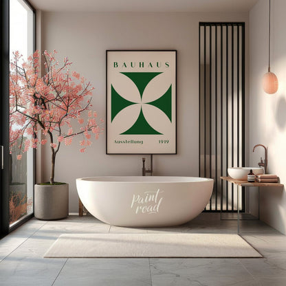 This poster is a vibrant interpretation of Bauhaus principles, showcasing a strong, graphic quatref… for bathroom
