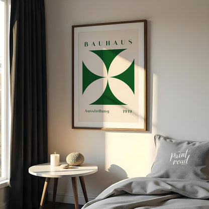 This poster is a vibrant interpretation of Bauhaus principles, showcasing a strong, graphic quatref… for bedroom