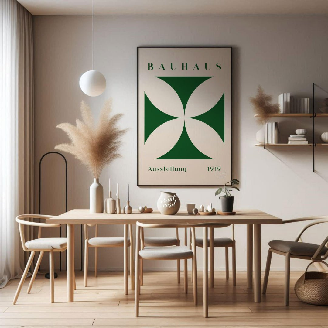This poster is a vibrant interpretation of Bauhaus principles, showcasing a strong, graphic quatref… for dining room