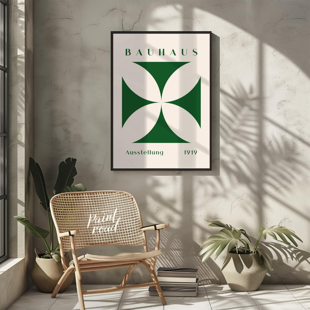 This poster is a vibrant interpretation of Bauhaus principles, showcasing a strong, graphic quatref… for living room