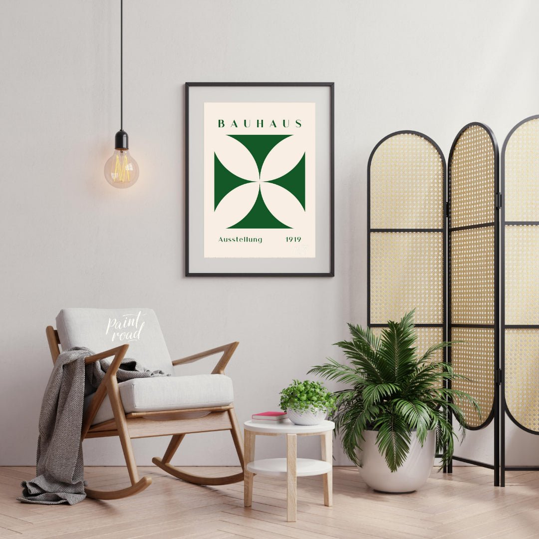 This poster is a vibrant interpretation of Bauhaus principles, showcasing a strong, graphic quatref… for living room