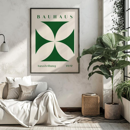 This poster is a vibrant interpretation of Bauhaus principles, showcasing a strong, graphic quatref… for living room