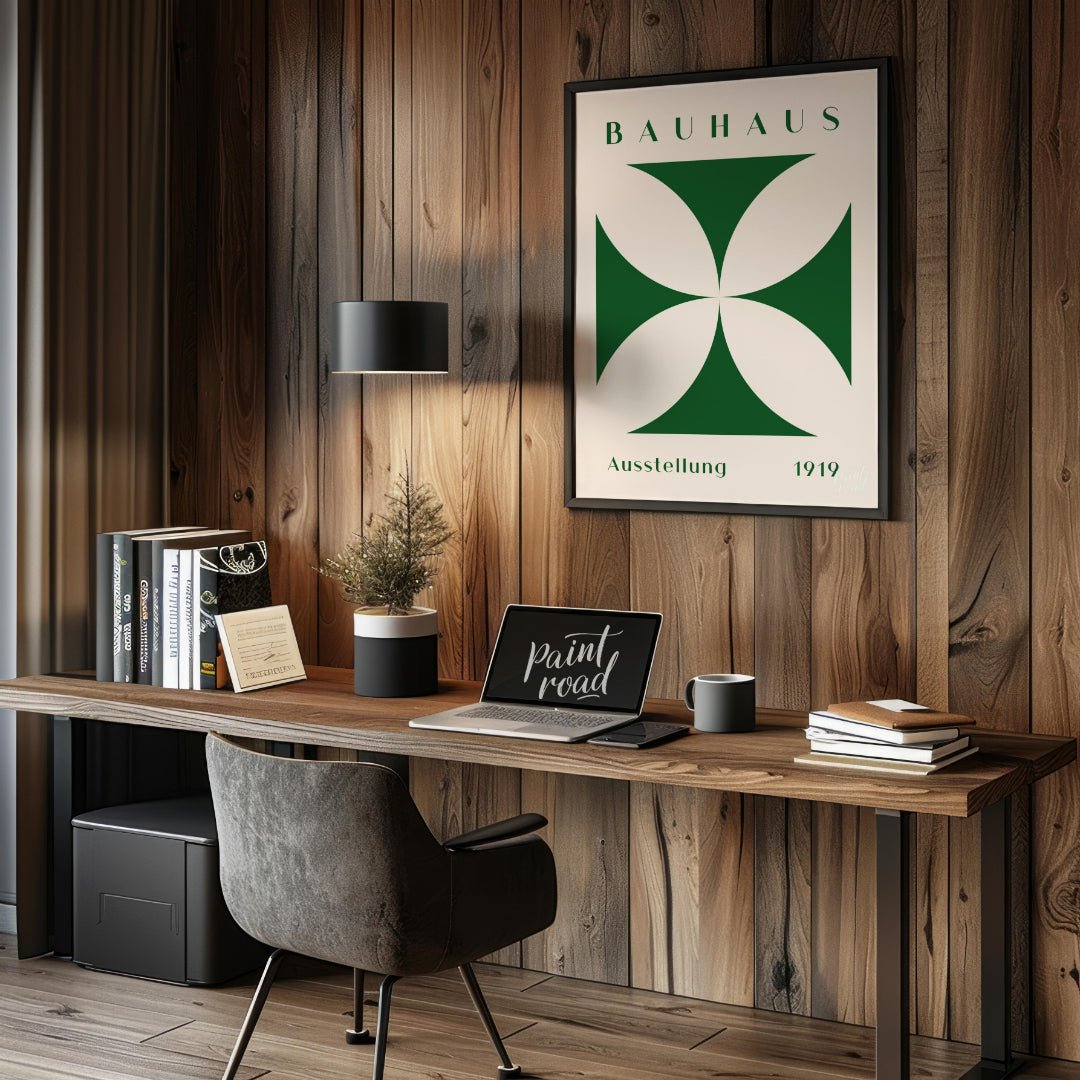 This poster is a vibrant interpretation of Bauhaus principles, showcasing a strong, graphic quatref… for office