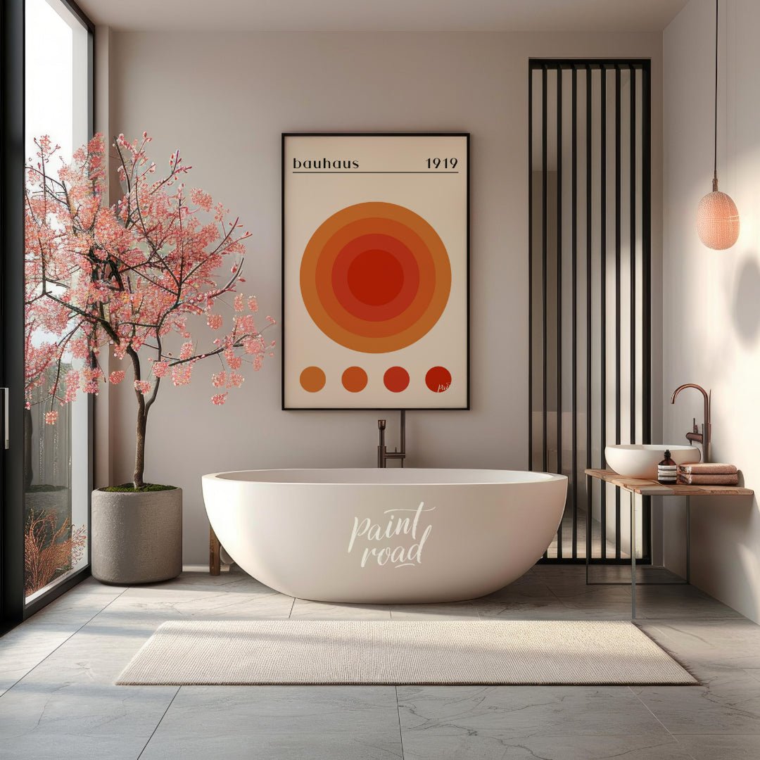 This vibrant poster is a playful yet precise nod to the Bauhaus aesthetic, featuring a large centra… for bathroom