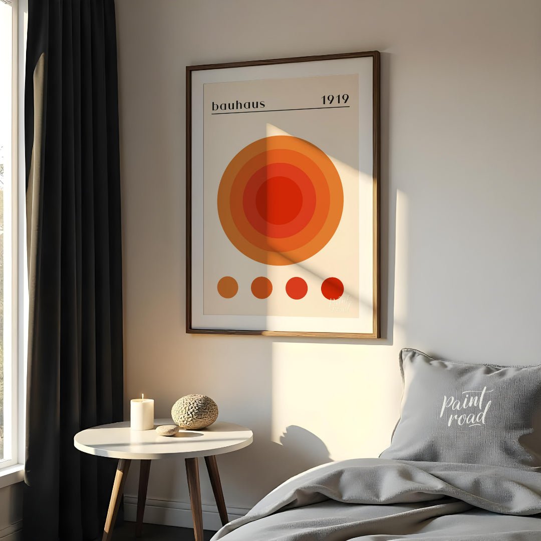 This vibrant poster is a playful yet precise nod to the Bauhaus aesthetic, featuring a large centra… for bedroom
