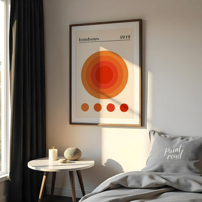 This vibrant poster is a playful yet precise nod to the Bauhaus aesthetic, featuring a large centra… for bedroom