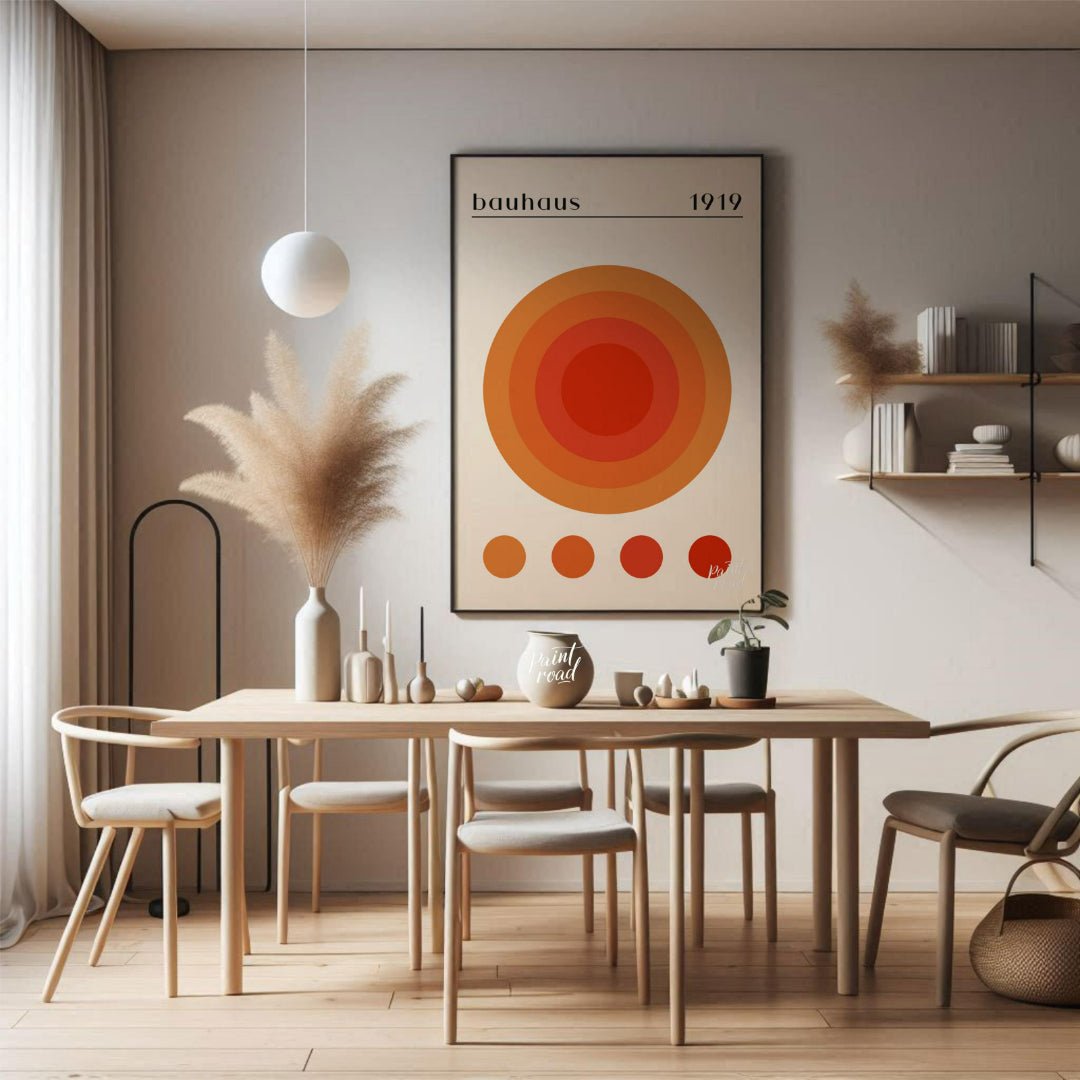 This vibrant poster is a playful yet precise nod to the Bauhaus aesthetic, featuring a large centra… for dining room