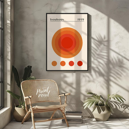 This vibrant poster is a playful yet precise nod to the Bauhaus aesthetic, featuring a large centra… for living room