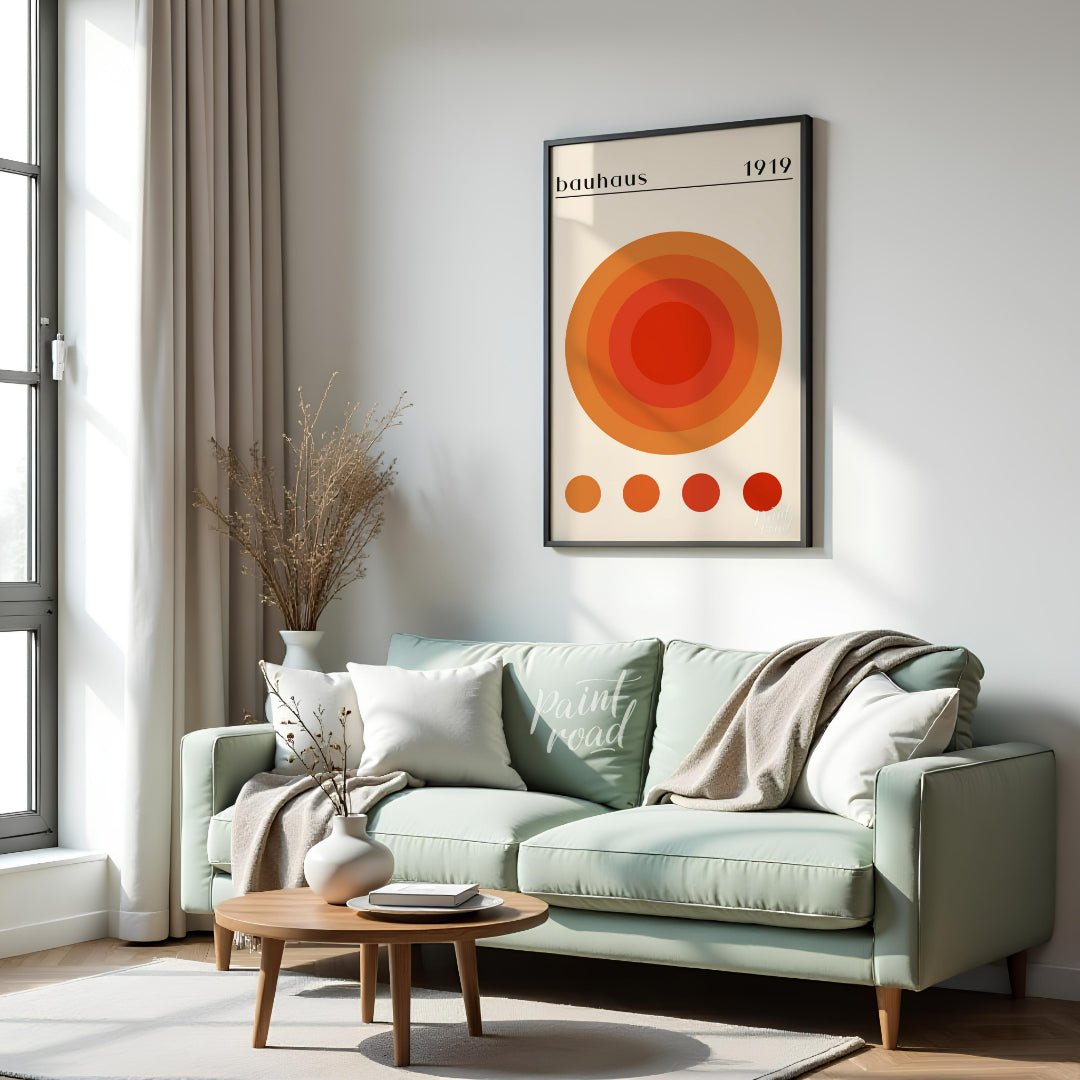 This vibrant poster is a playful yet precise nod to the Bauhaus aesthetic, featuring a large centra… for living room