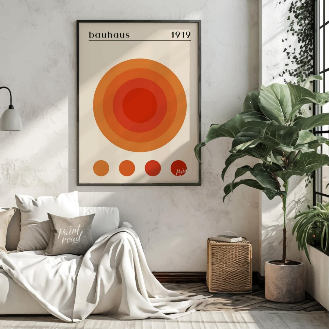 This vibrant poster is a playful yet precise nod to the Bauhaus aesthetic, featuring a large centra… for living room