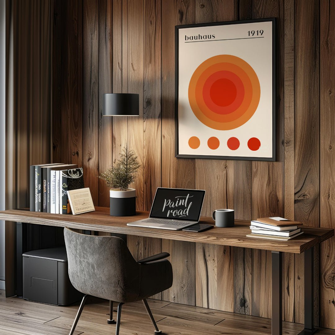 This vibrant poster is a playful yet precise nod to the Bauhaus aesthetic, featuring a large centra… for office