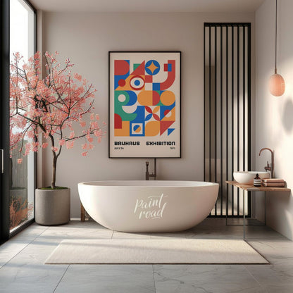 This vibrant Bauhaus-inspired poster is a celebration of geometric abstraction and primary colors. … for bathroom