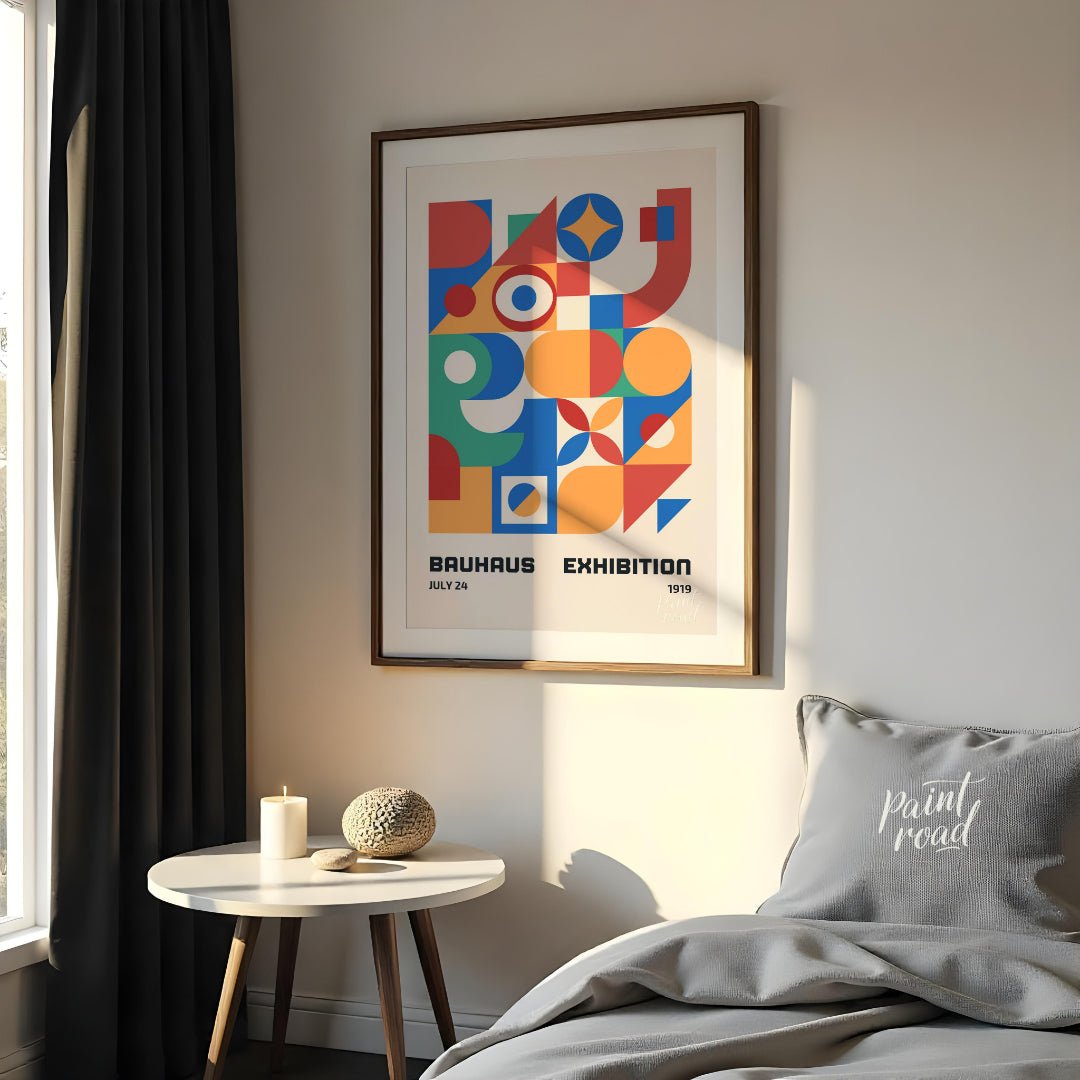 This vibrant Bauhaus-inspired poster is a celebration of geometric abstraction and primary colors. … for bedroom
