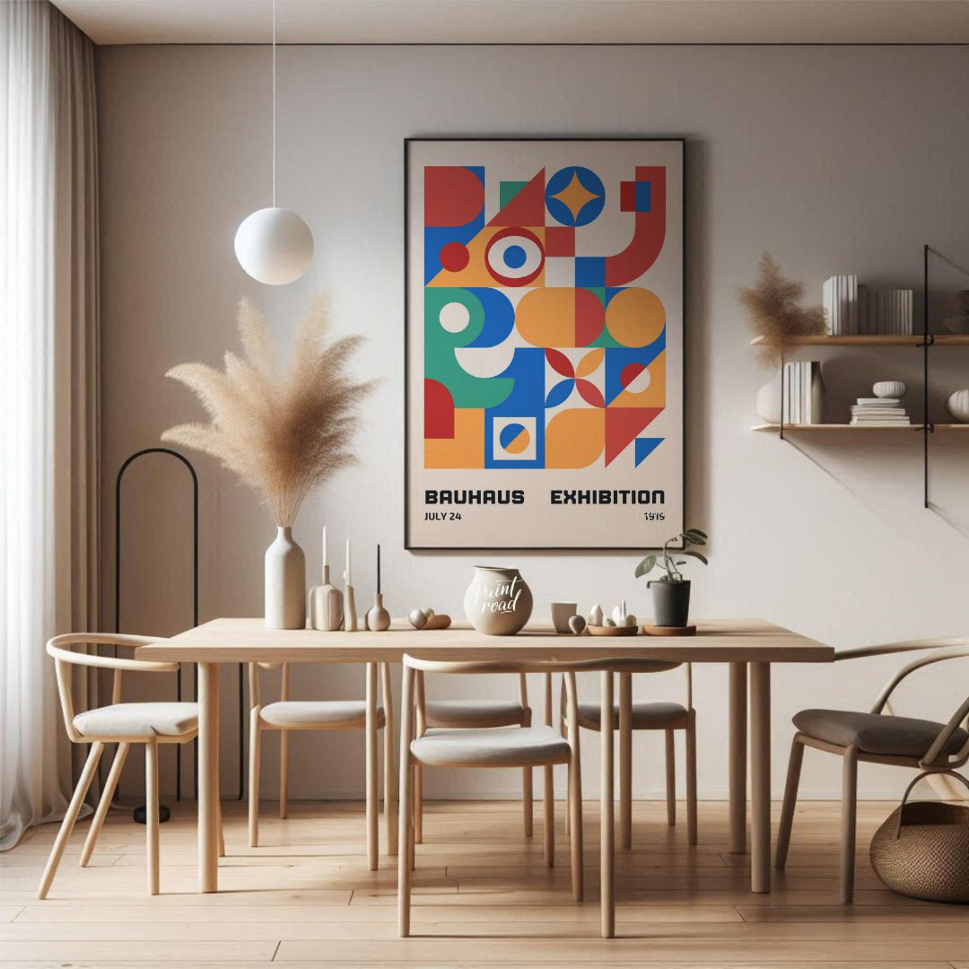 This vibrant Bauhaus-inspired poster is a celebration of geometric abstraction and primary colors. … for dining room