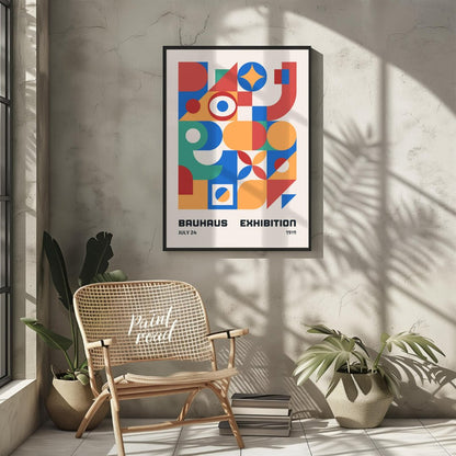 This vibrant Bauhaus-inspired poster is a celebration of geometric abstraction and primary colors. … for living room