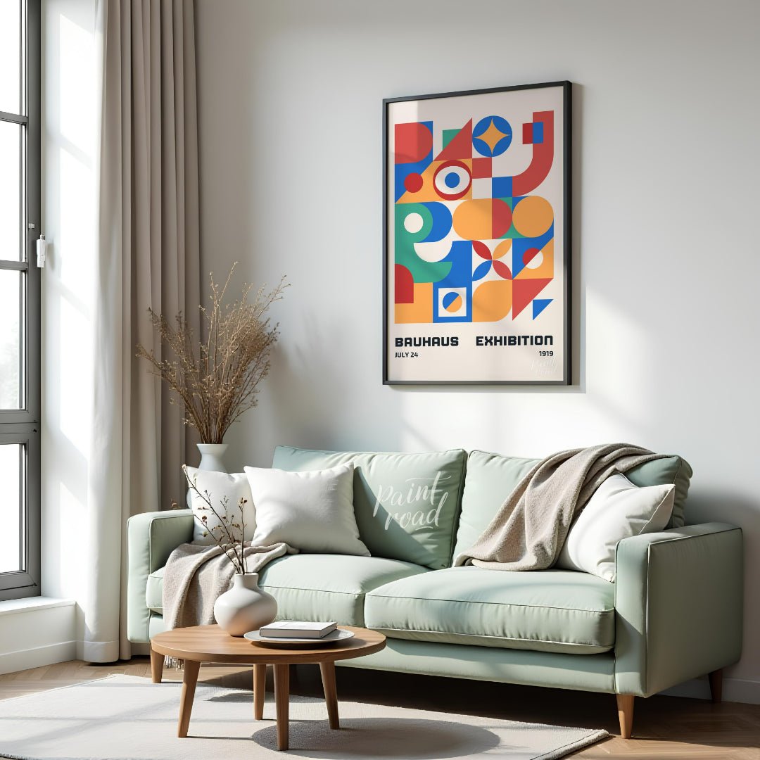 This vibrant Bauhaus-inspired poster is a celebration of geometric abstraction and primary colors. … for living room