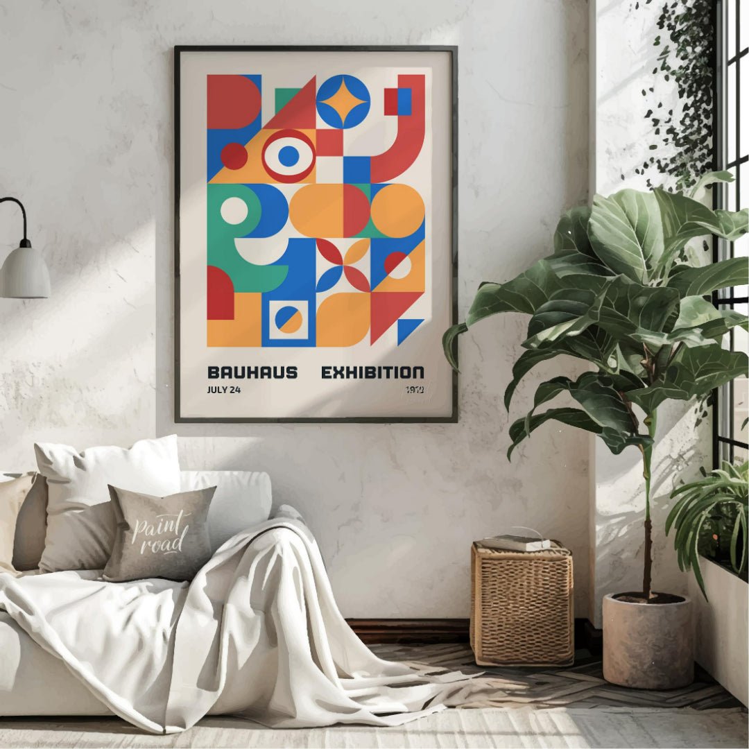This vibrant Bauhaus-inspired poster is a celebration of geometric abstraction and primary colors. … for living room