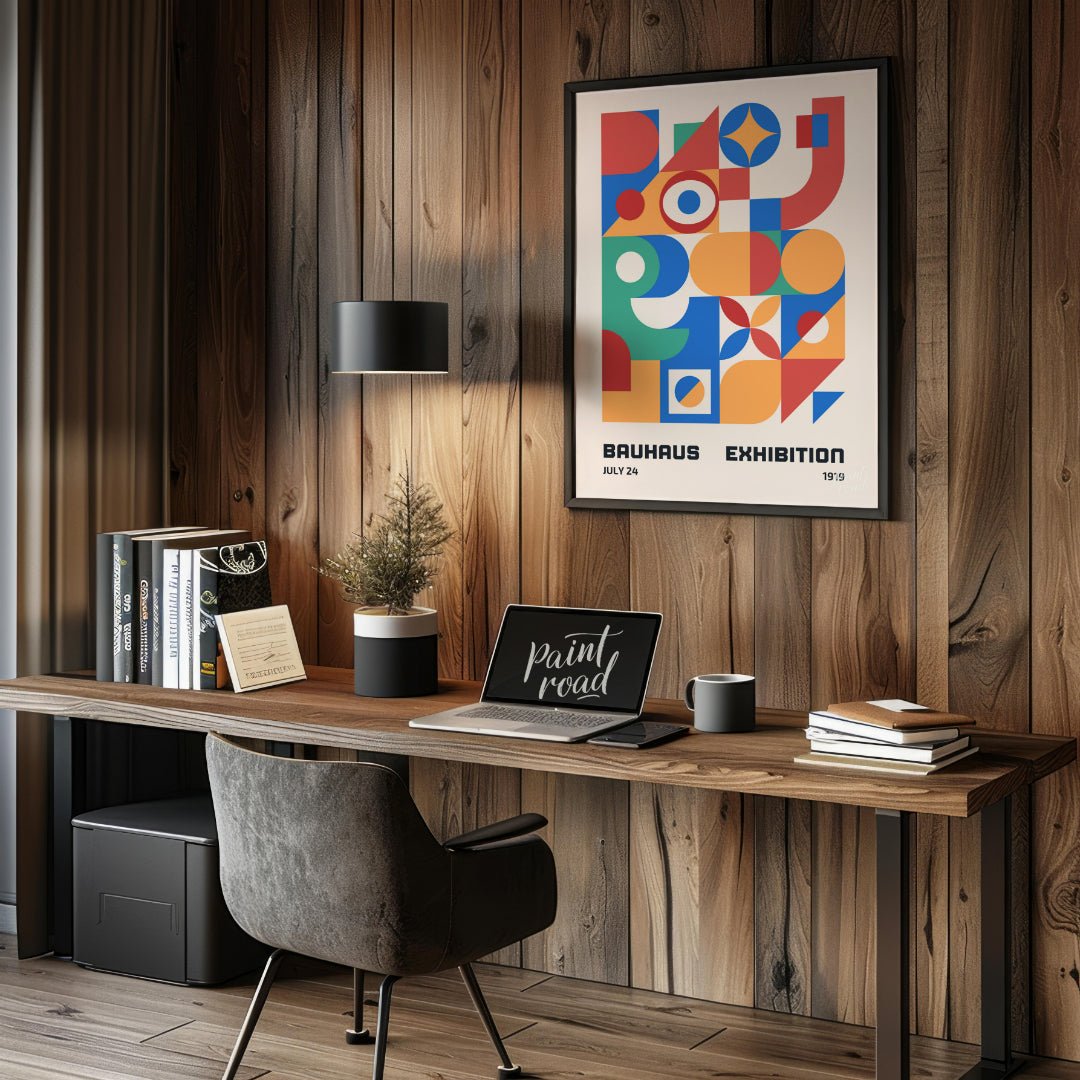 This vibrant Bauhaus-inspired poster is a celebration of geometric abstraction and primary colors. … for office