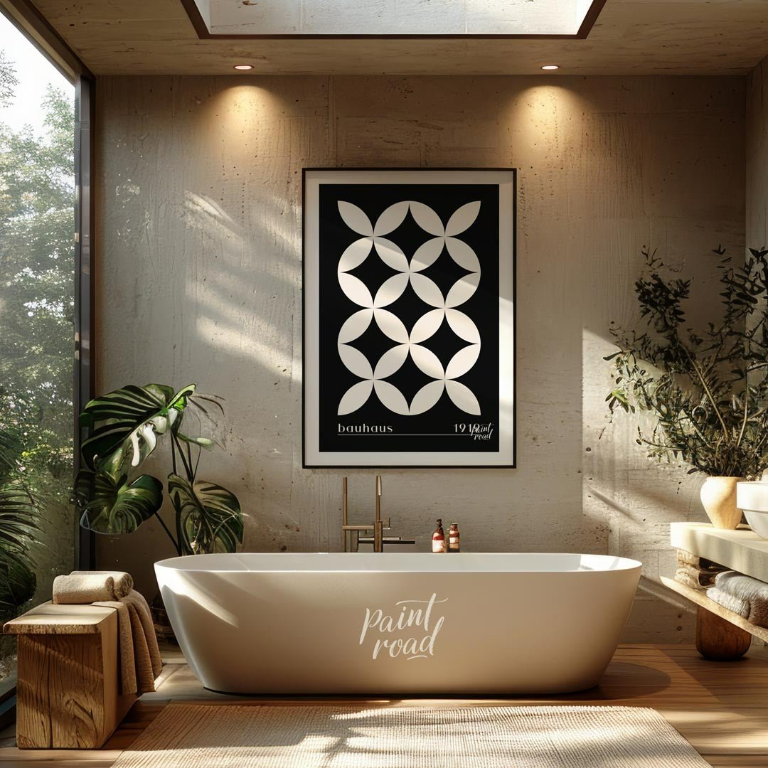 This high-contrast Bauhaus poster presents a captivating pattern of white petal-like shapes forming… for bathroom