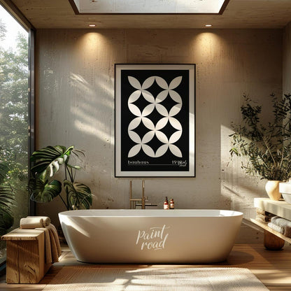 This high-contrast Bauhaus poster presents a captivating pattern of white petal-like shapes forming… for bathroom