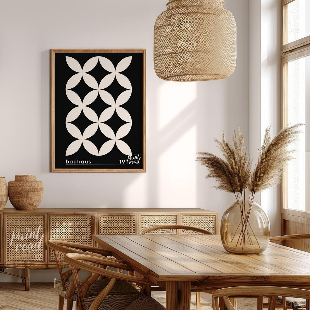This high-contrast Bauhaus poster presents a captivating pattern of white petal-like shapes forming… for dining room