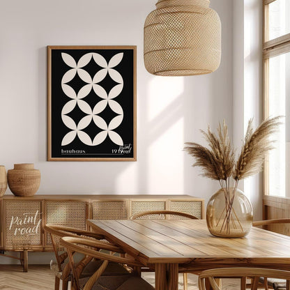 This high-contrast Bauhaus poster presents a captivating pattern of white petal-like shapes forming… for dining room