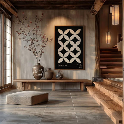 This high-contrast Bauhaus poster presents a captivating pattern of white petal-like shapes forming… for entryway