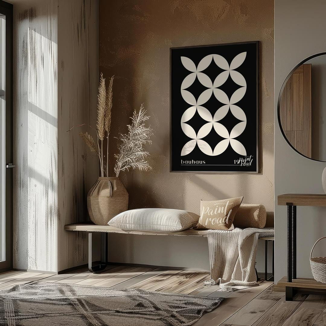 This high-contrast Bauhaus poster presents a captivating pattern of white petal-like shapes forming… for entryway