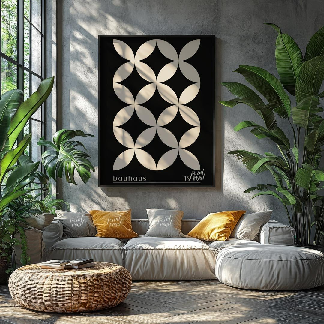 This high-contrast Bauhaus poster presents a captivating pattern of white petal-like shapes forming… for living room
